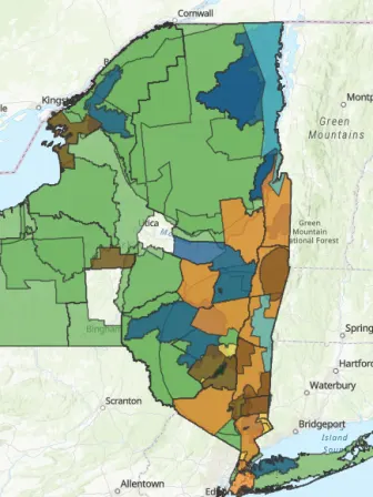 Screenshot of New York atlas with different parts of the state of New York map highlighted