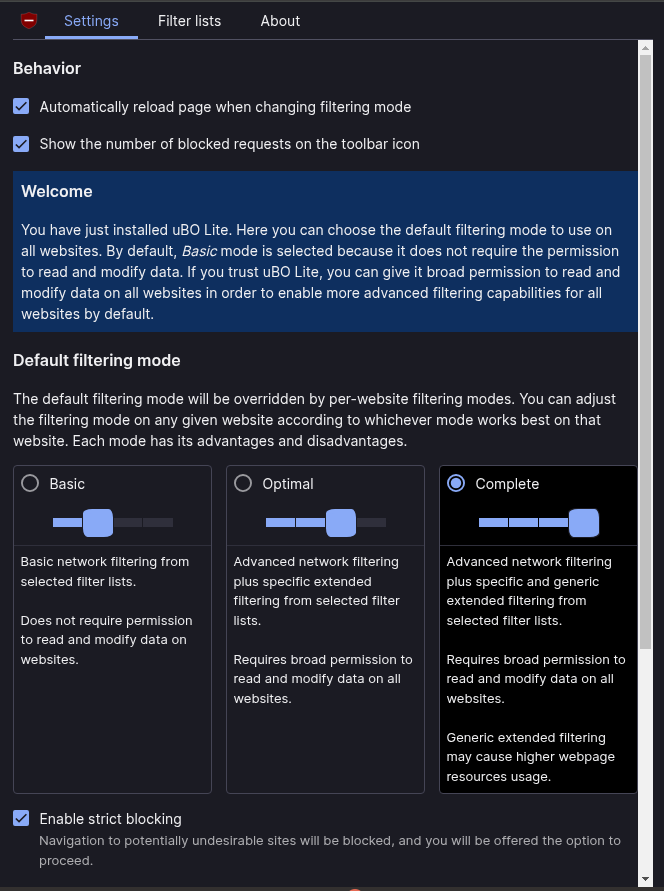 Extension settings