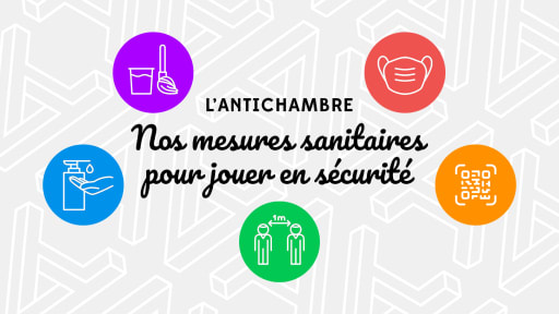 5 pictogrammes représentant les mesures sanitaires (masque, distanciation, nettoyage, lavage de main...) et entourant le texte : Nos mesures sanitaires pour jouer en sécurité