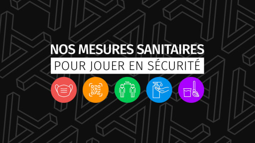 5 pictogrammes représentant les mesures sanitaires (masque, distanciation, nettoyage, lavage de main...) et entourant le texte : Nos mesures sanitaires pour jouer en sécurité