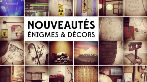 Mosaïque de photos des nouveautés dans les escape games de L'Antichambre avec le texte : Nouveautés énigmes et décors