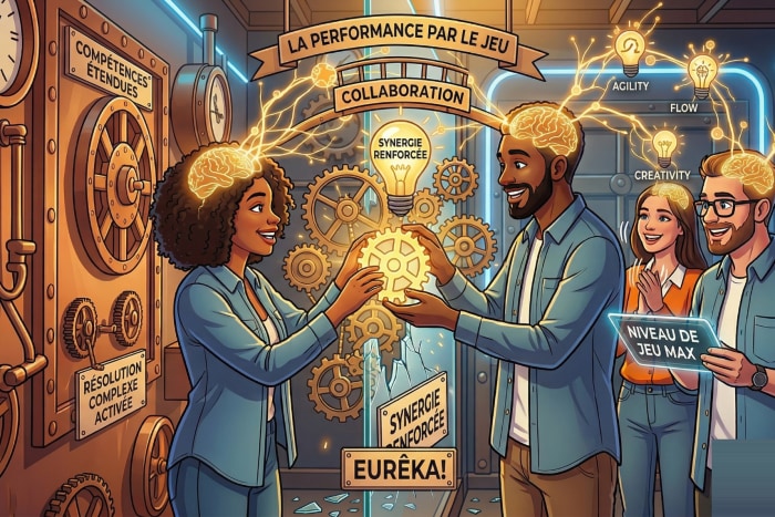Équipe de collaborateurs en escape game entreprise vivant un moment Eurêka, illustrant la collaboration, la fluidité et la performance collective