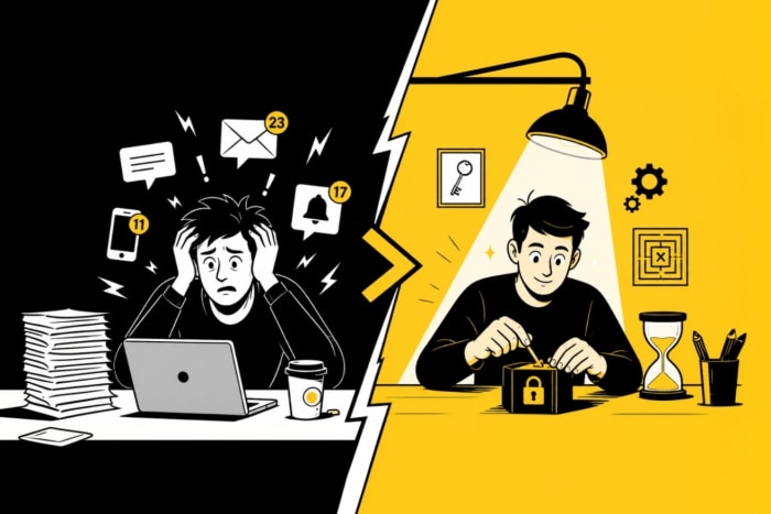 De la fatigue attentionnelle à l'état de flow : un collaborateur stressé et submergé par les notifications, face à une personne concentrée résolvant une énigme d'escape game