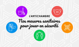 5 pictogrammes représentant les mesures sanitaires (masque, distanciation, nettoyage, lavage de main...) et entourant le texte : Nos mesures sanitaires pour jouer en sécurité