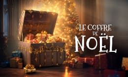 Près d'un sapin de Noël décoré, un coffre rempli de cadeaux avec le texte : Le coffre de Noël, trouvez le code et gagnez un cadeau !