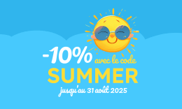 Un soleil souriant dessiné sur un fond de ciel bleu avec le texte : -10% avec le code SUMMER jusqu'au 31 août 2025