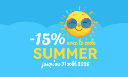 Un soleil souriant dessiné sur un fond de ciel bleu avec le texte : -15% avec le code SUMMER jusqu'au 31 août 2026