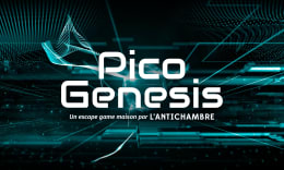 Arrière-plan composé de traits, points et formes géométriques lumineuses évoquant une technologie avancée d'informatique ou d'intelligence articielle avec le titre : Pico Genesis, un escape game maison par L'Antichambre