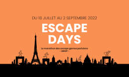 Logo Escape Days, le marathon des escape games parisiens - MEGP. Silhouette de la ville de Paris avec de petits bonhommes courant sur les monuments.