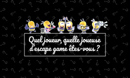 Sur un arrière-plan noir avec des points d'interrogation gris épars, le texte : Quel joueur / quelle joueuse d'escape game êtes-vous ? Un test de personnalité ludique par L'Antichambre. En dessous du texte, 5 illustrations de personnages (en forme d'abeilles) avec différents profils sur des disques de couleur.