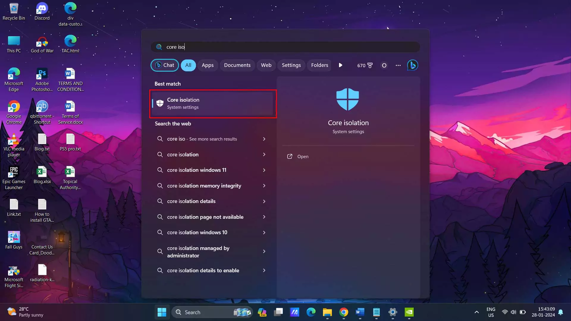 windows core isolation settings