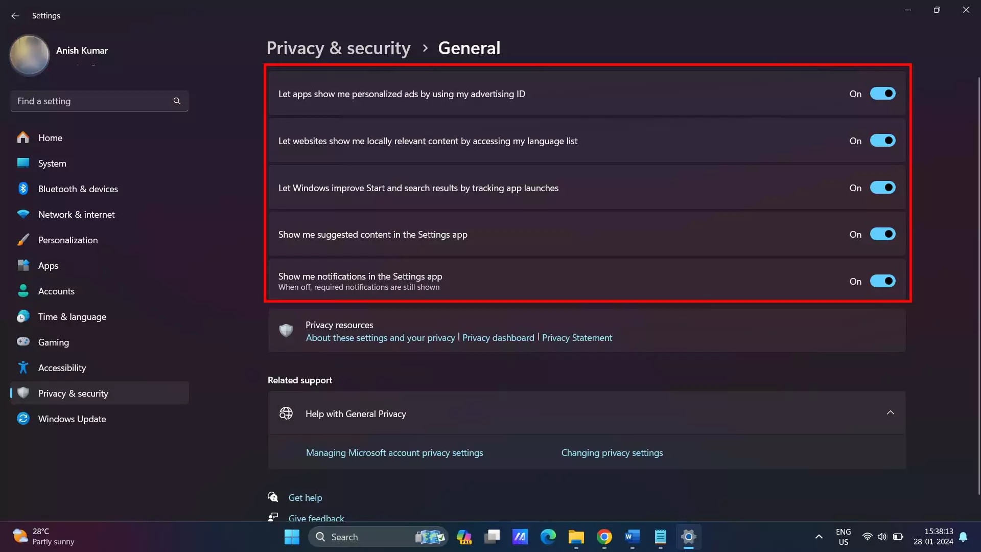 windows privacy settings