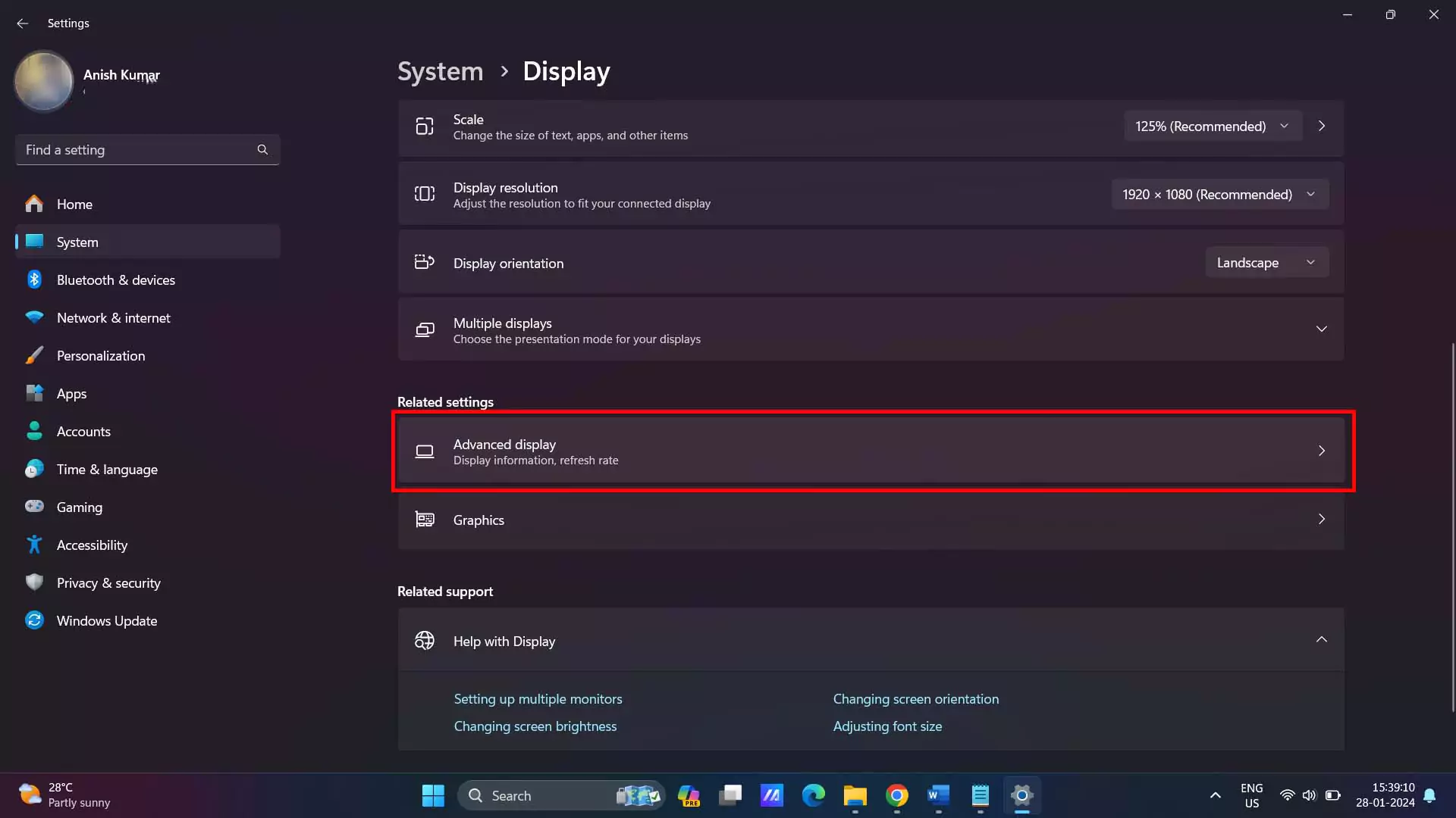 windows advance display settings