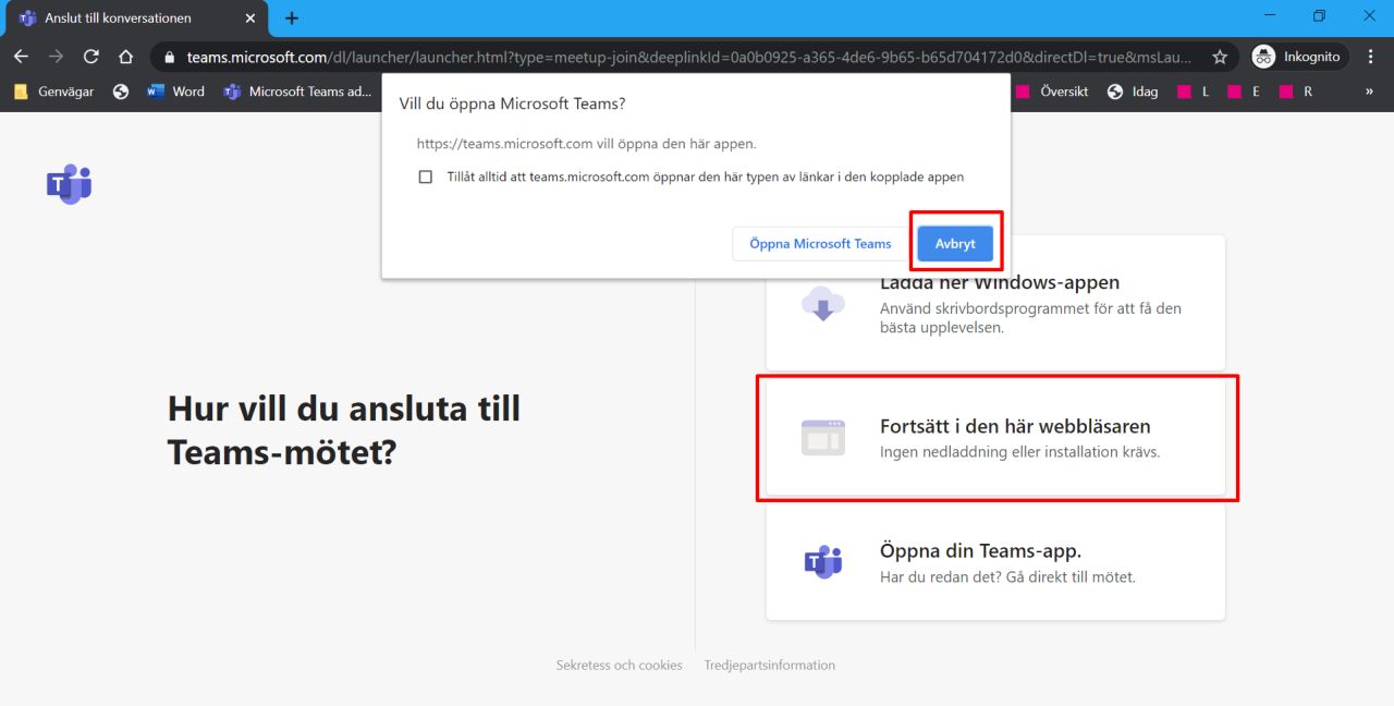 Gå in via länken och öppnar mötet i din webbläsare.