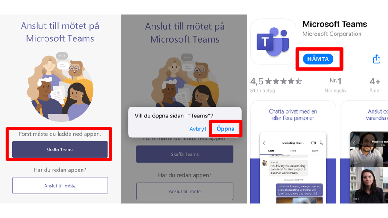 Gå in via länken och anslut via Teamsappen. Om du inte har Teams installerat på sin mobil behöver du hämta appen för att kunna delta i mötet. Obs! Du behöver inte registrera ett konto, endast hämta appen. När appen är hämtad så klickar du på möteslänken och öppnar mötet i Teams.