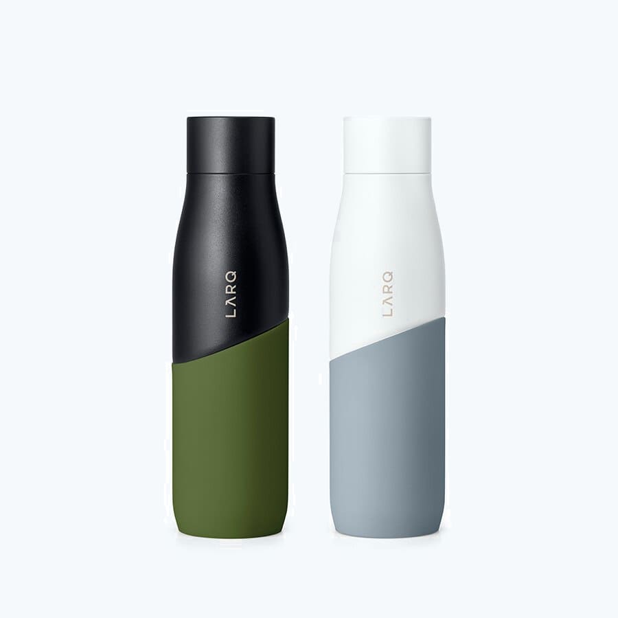 Two LARQ Bottles Movement PureVis in colors White / Pebble and Black / Pine in size of 24oz/710ml