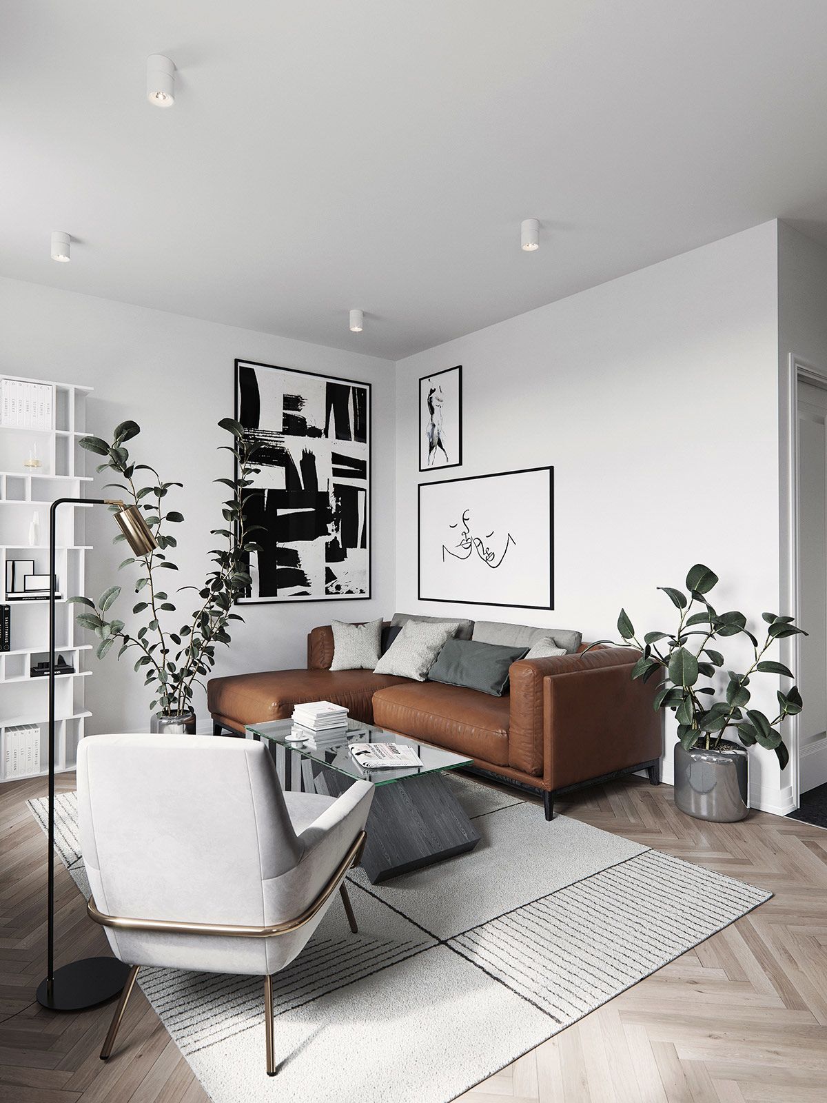 Unique Black And White Modern Art Prints In Scandinavian Living Room 