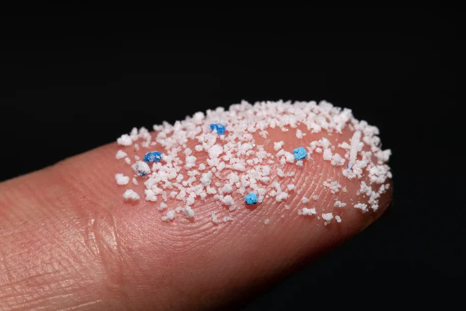 Enlarged photograph of microplastics on a fingertip