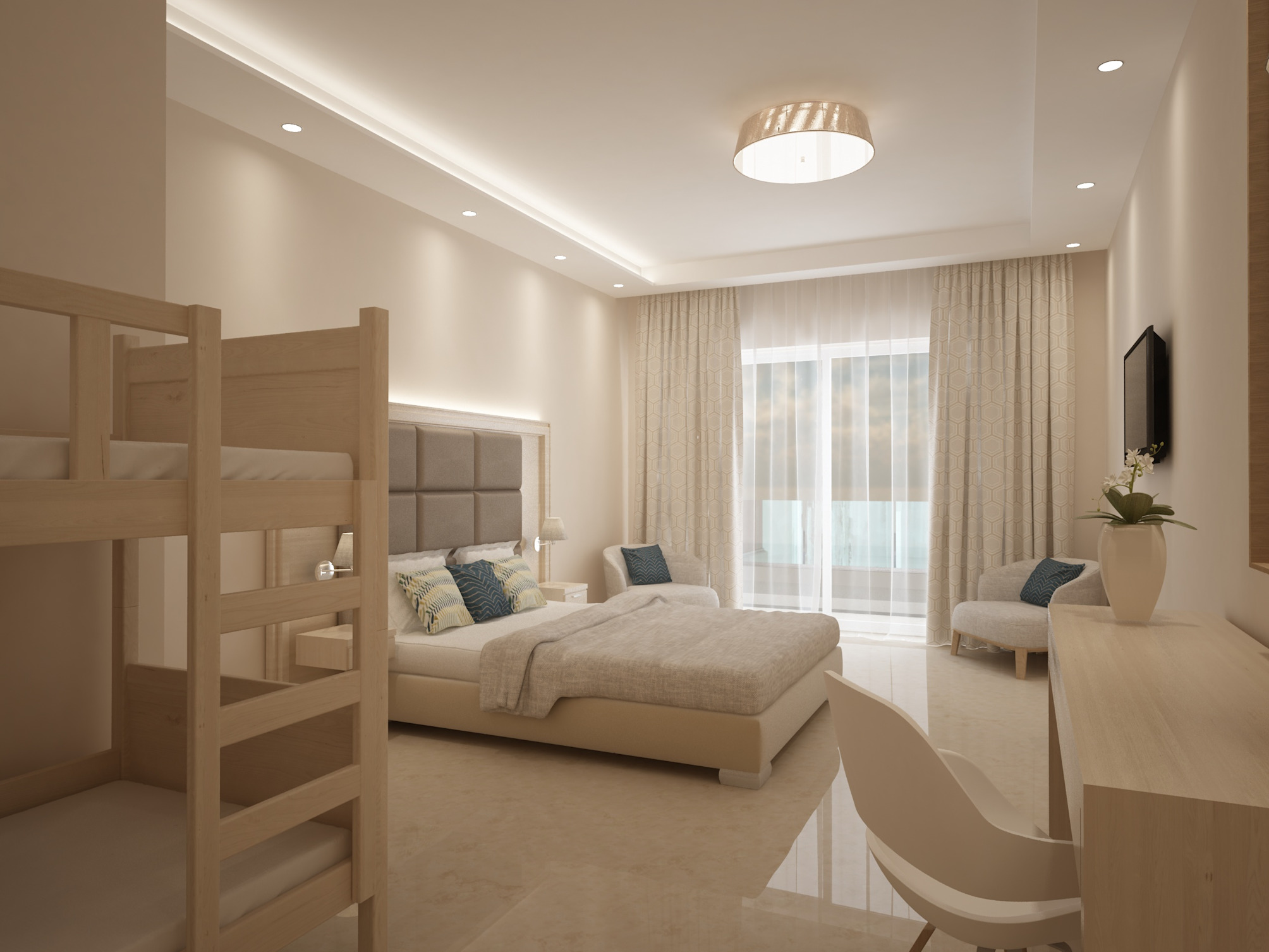 Family room with bunk beds with garden view