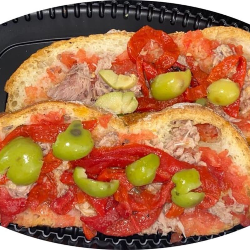 Tostada Mallorca (1ud) Una Rebanada de Pan Natural, Tomate Natural, Atún, Pimientos y Aceitunas, Sabor Mediterráneo Insuperable