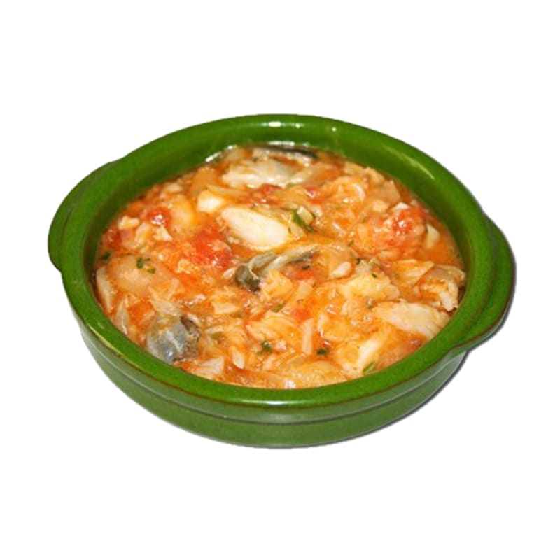 Bacalao En Migas, con Tomate, Pimentón, Cebolla, Pimientos, y Patatitas Dado. Delikatesen Delicioso