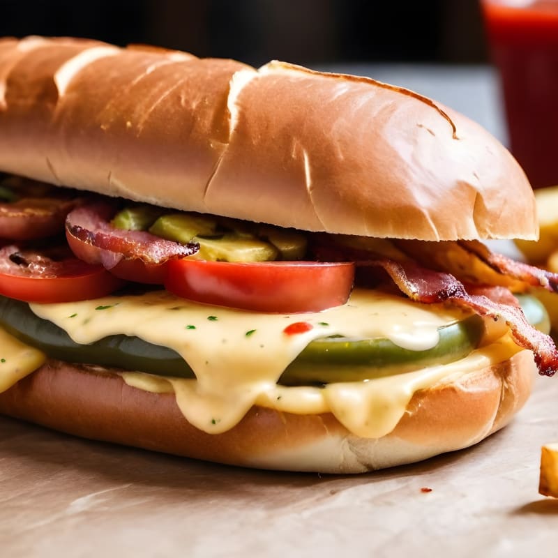 Bocadillo Alcázar 25 cm Tamaño L  Pan crujiente salsa Bacon, Queso Pimientos + Patatas Fritas (100gr)