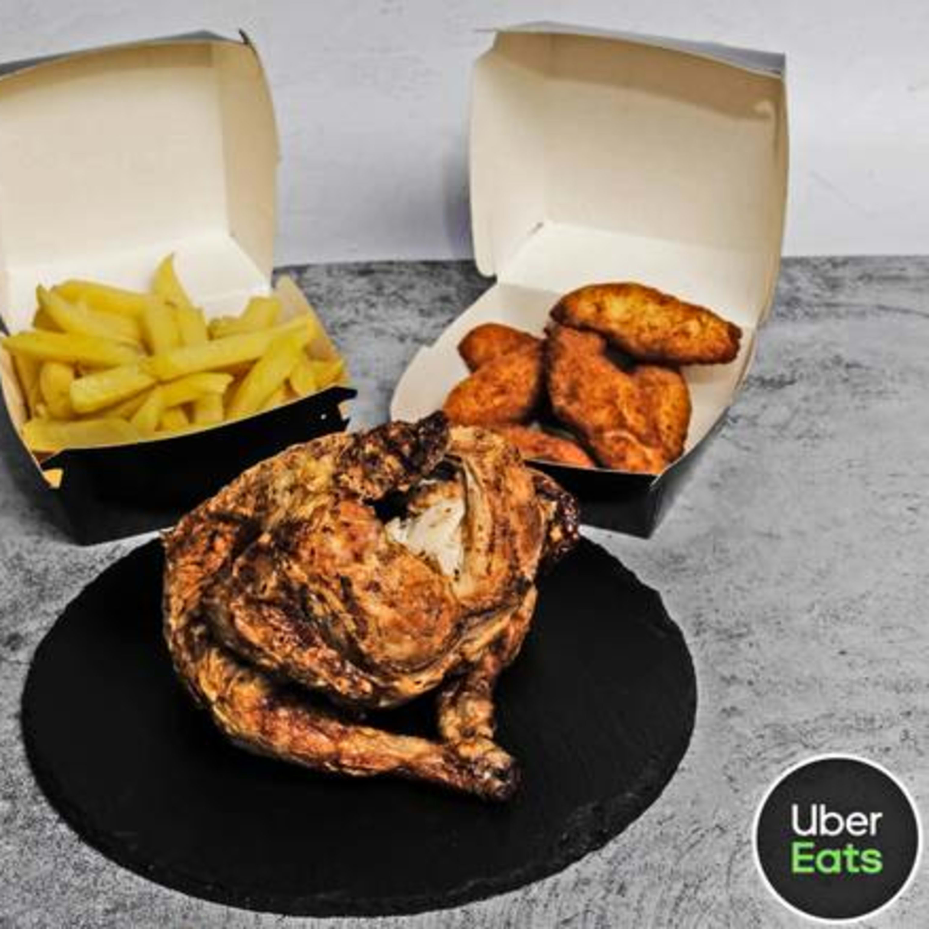 Pollo Asado, Patatas Fritas y Croquetas de Jamón