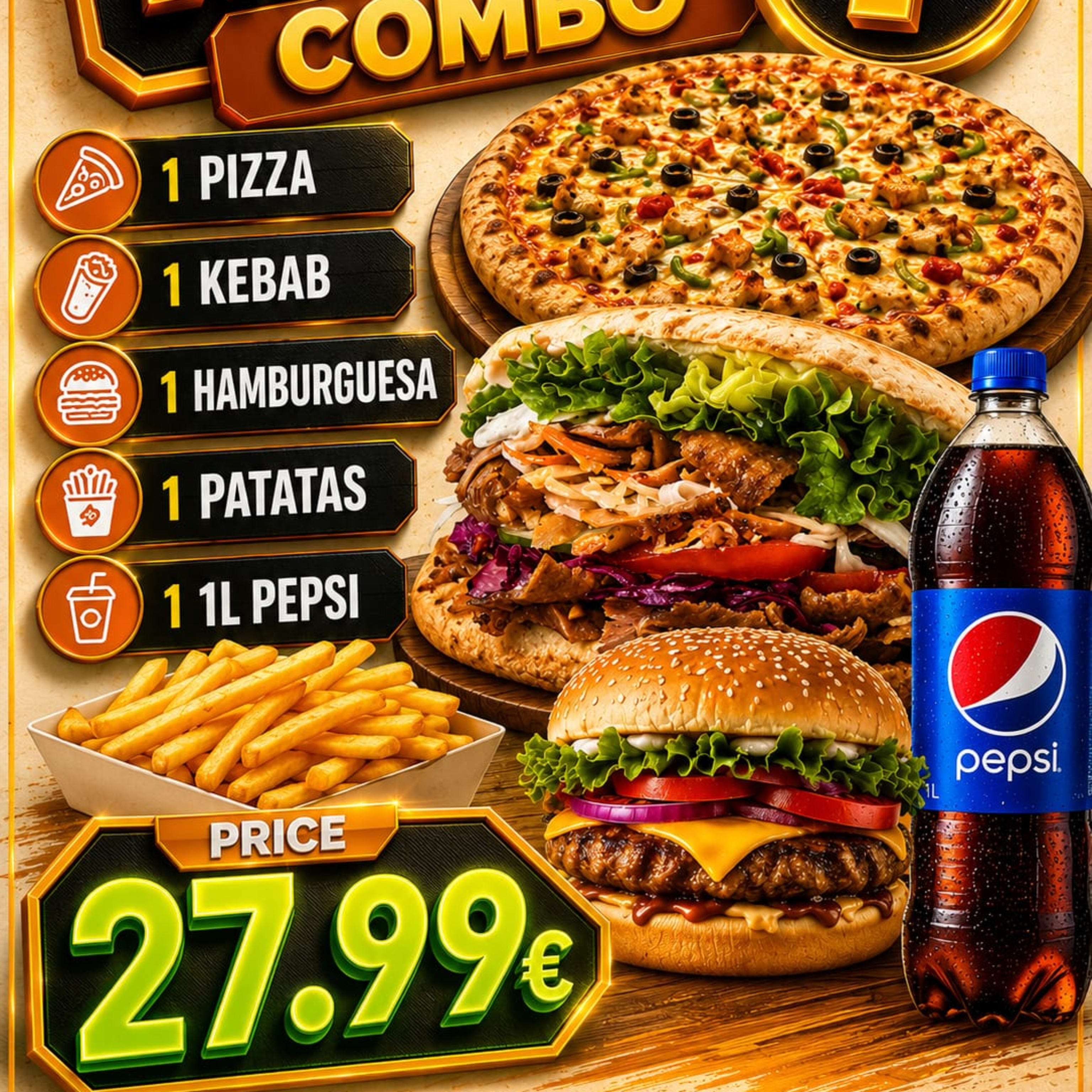 79-Menu Combo 1-1 Pizza+1 Kebab+1 Hamburgesa Patats 1L Pepsi