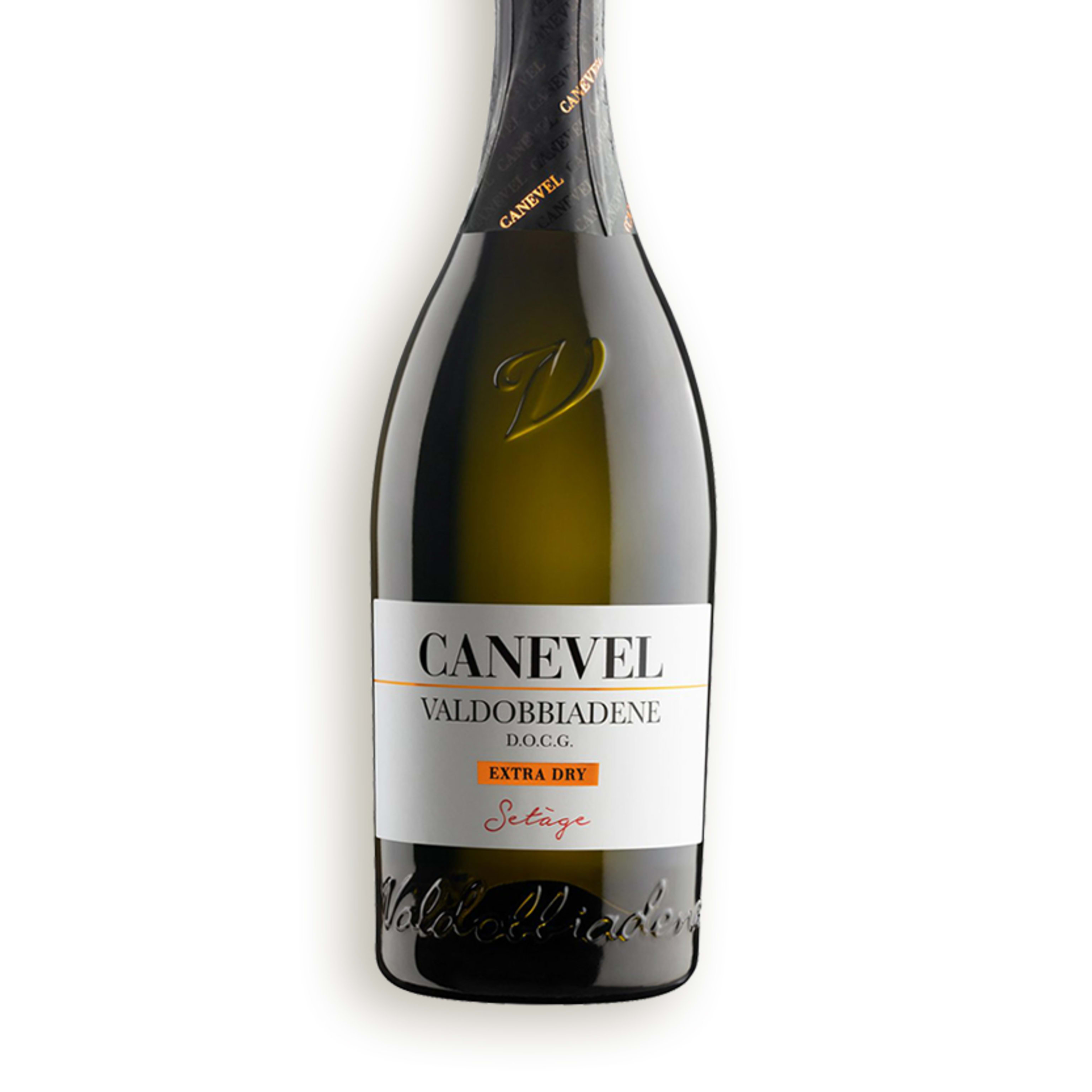 Botella Vino Espumoso Prosecco. D.O. Superiore Valdobbiadene  Extra Dry "Setàge". Bod. Canevel.