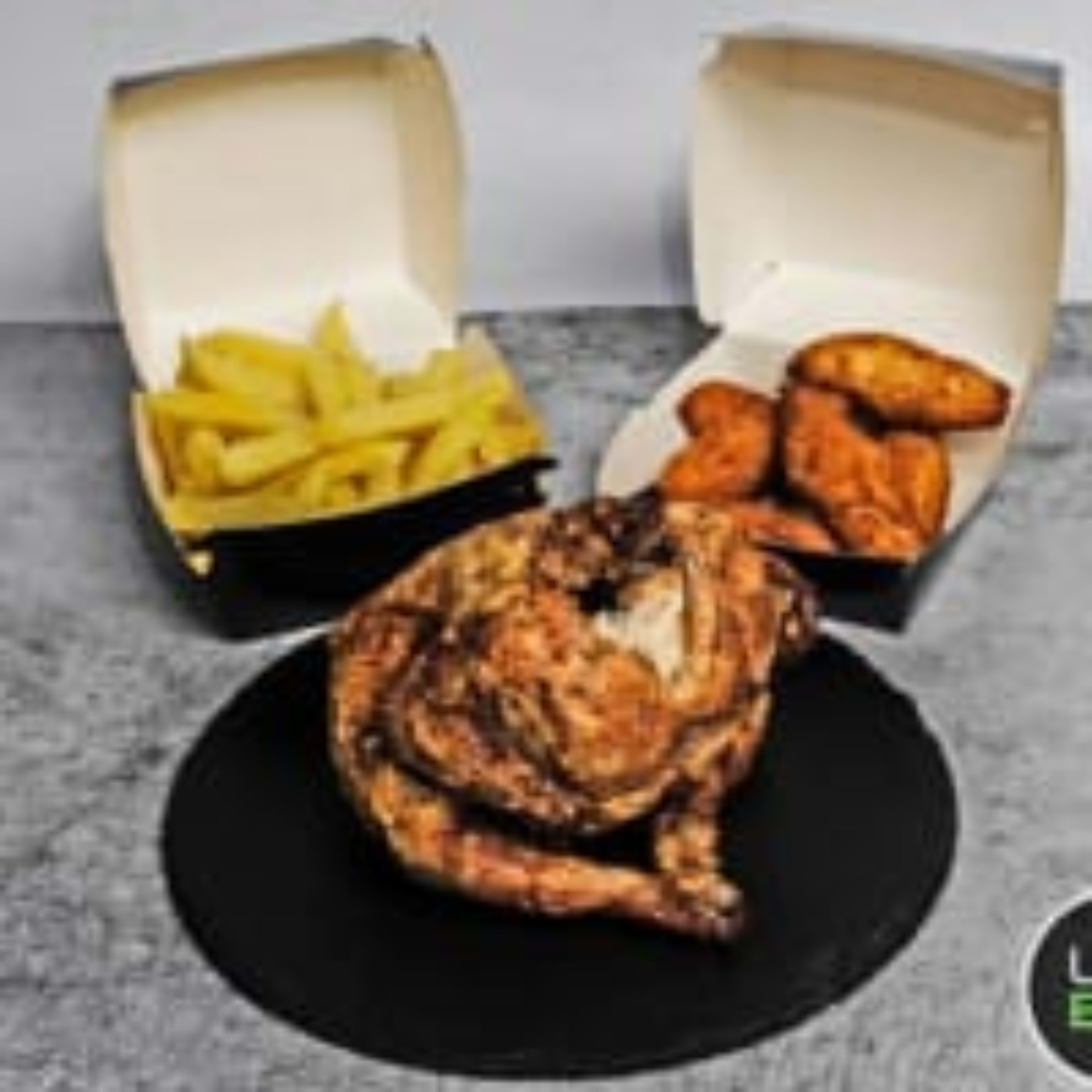 MEDIO Pollo Asado, Patatas Fritas y Croquetas de Jamón