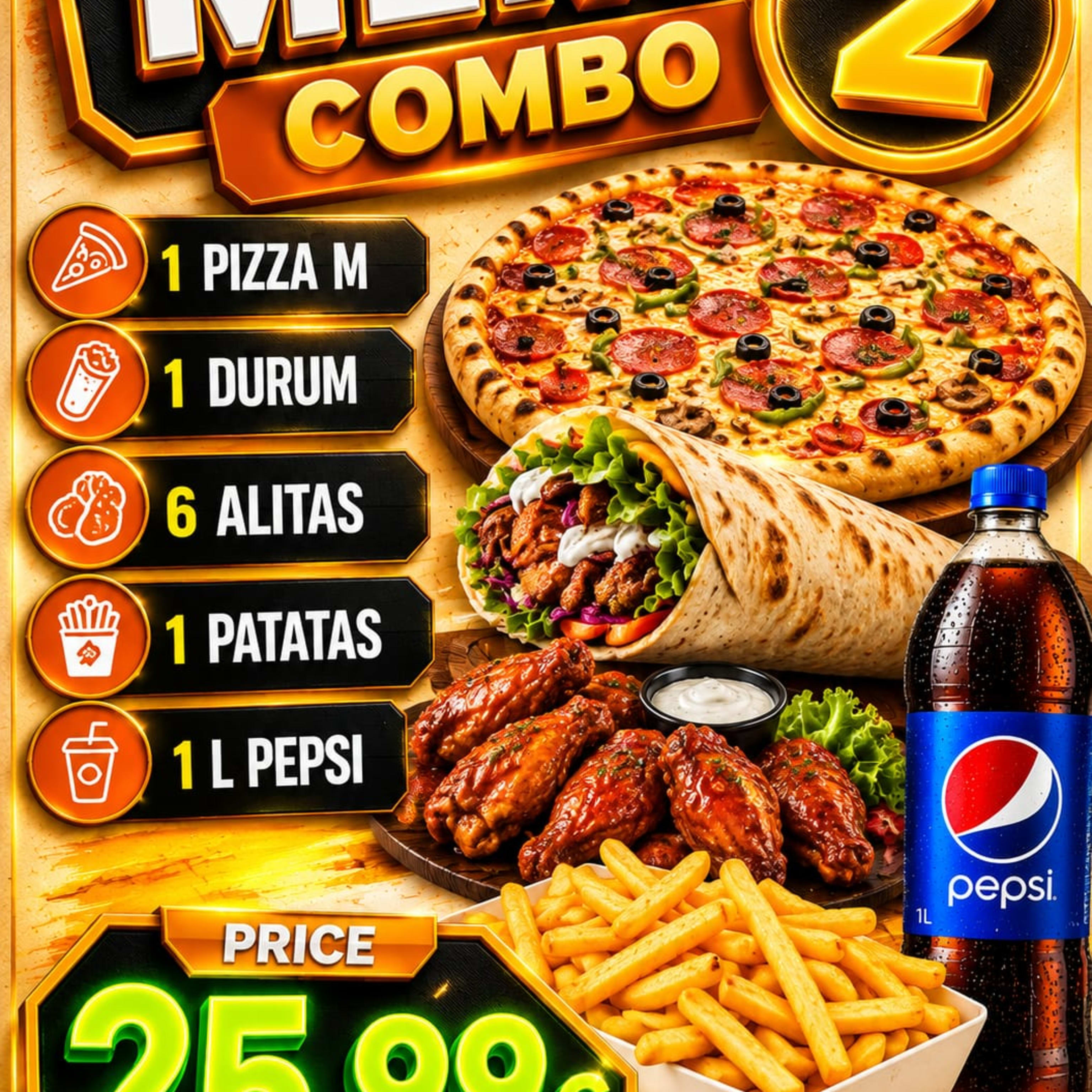 80- Menu Combo 2, 1 Pizza M, 1 Durum Alitas 6 und Patatas 1L Pepsi