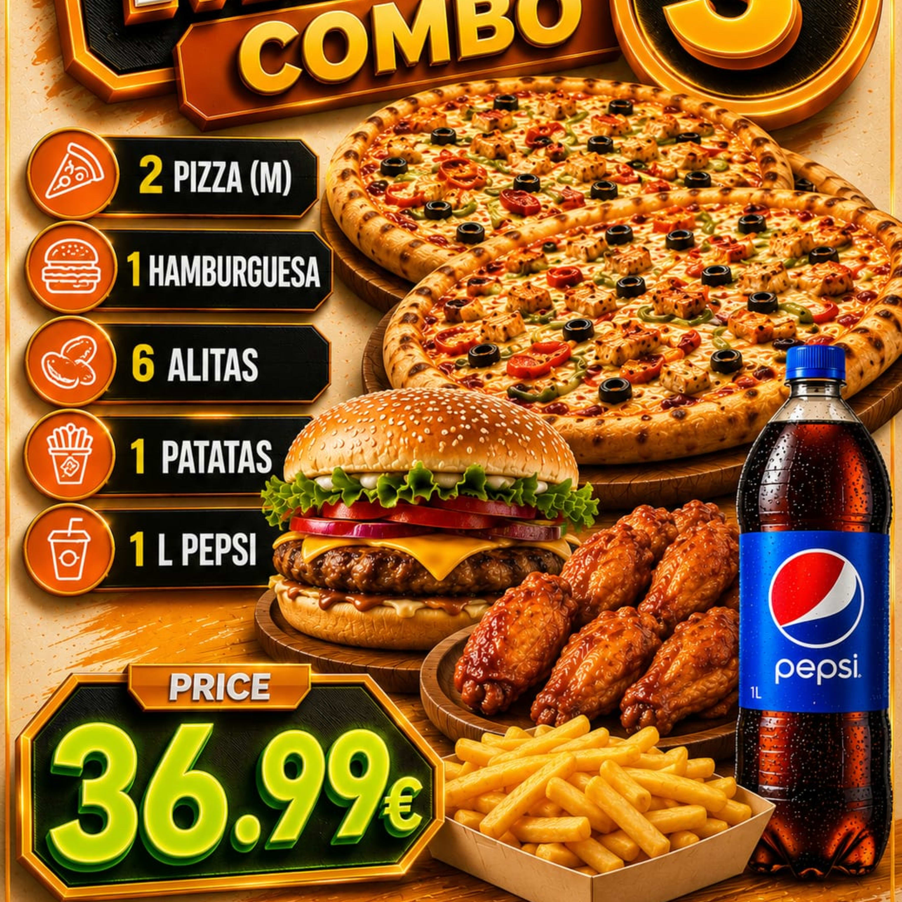 81-Menu Combo 3, 2 Pizza(M), 1 Hamburguesa, Alitas 6 und +Patatas + 1L Pepsi