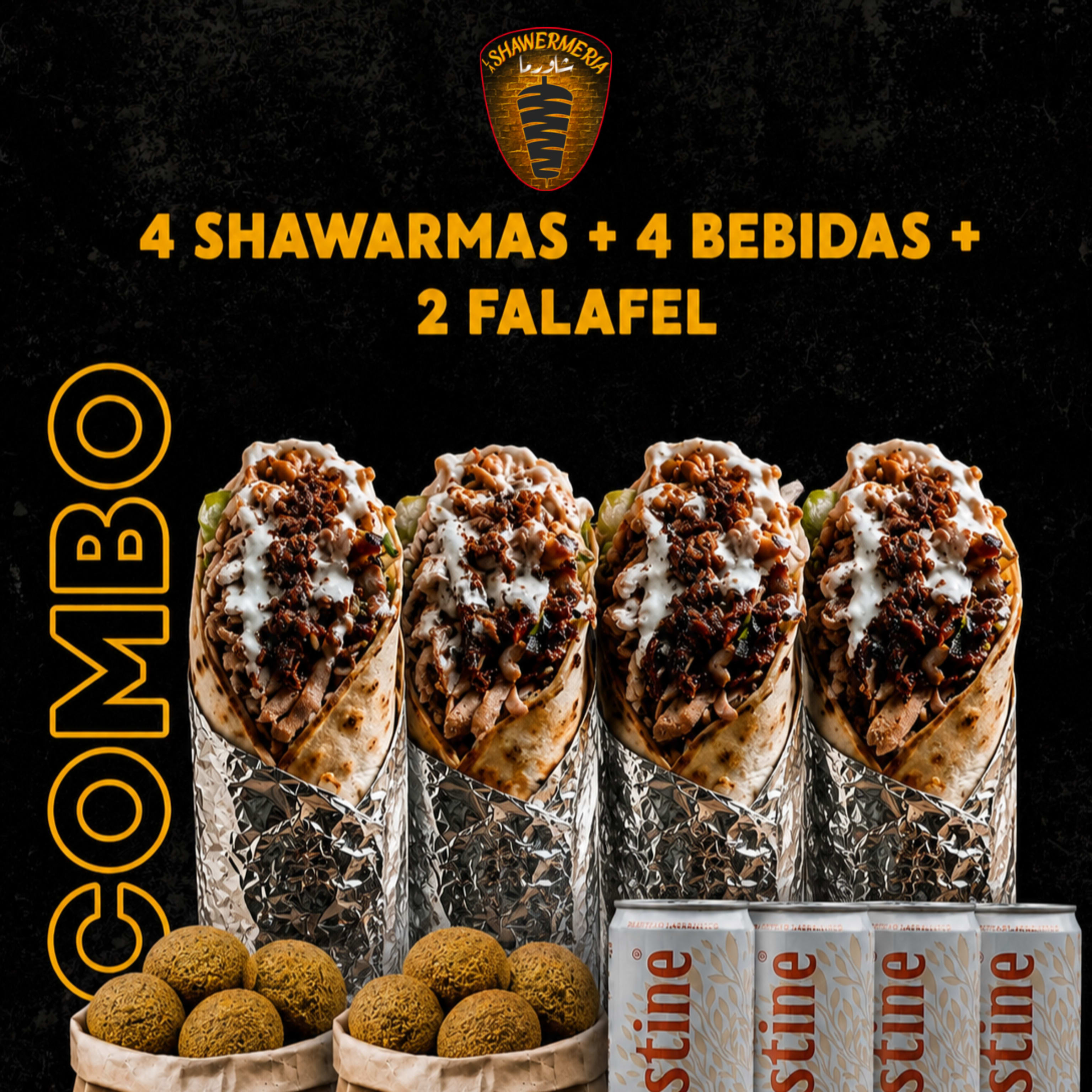Menú 4 Shawarma + 2 Falafel Bolsa (5pzs) + 4 Bebida