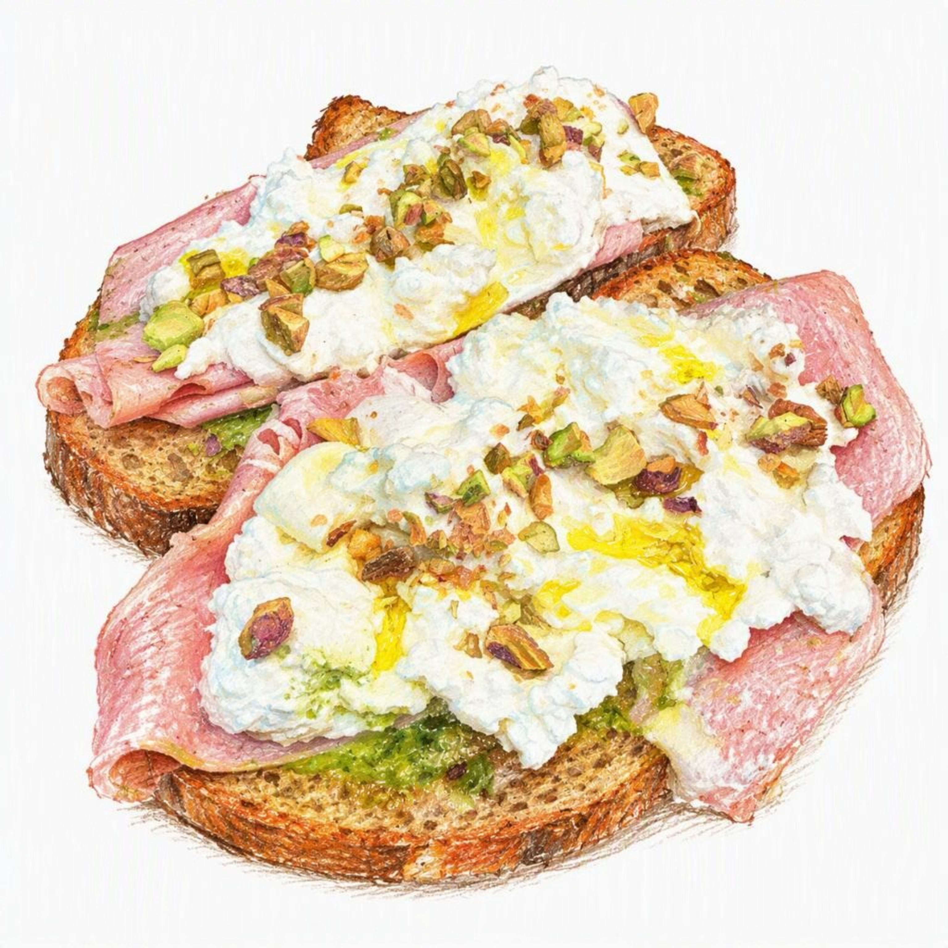 Pistachio mortadella, pesto and burrata toast