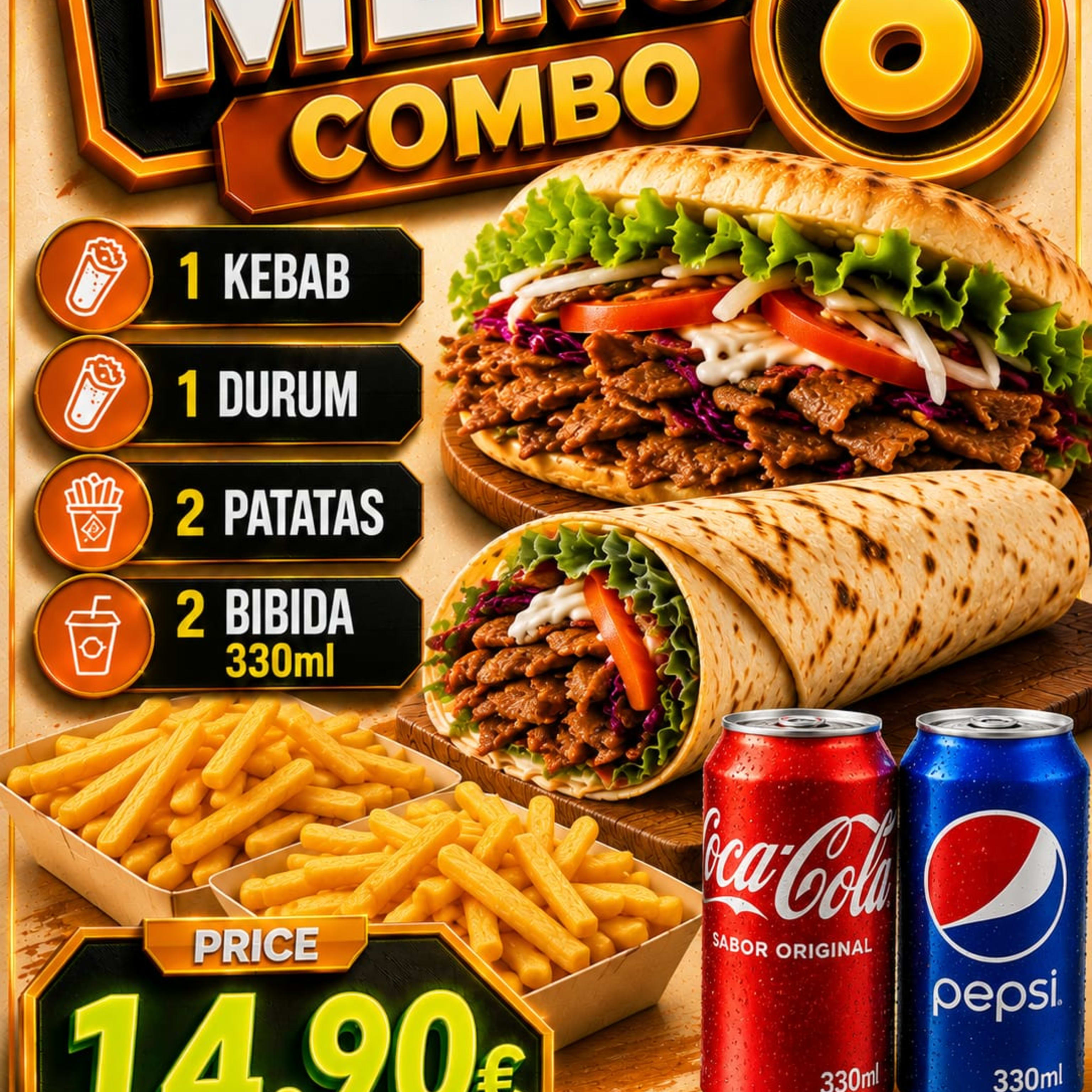 84- Menu COMBO 6= 1Kebab + 1Durum +patatas+ 2bibida