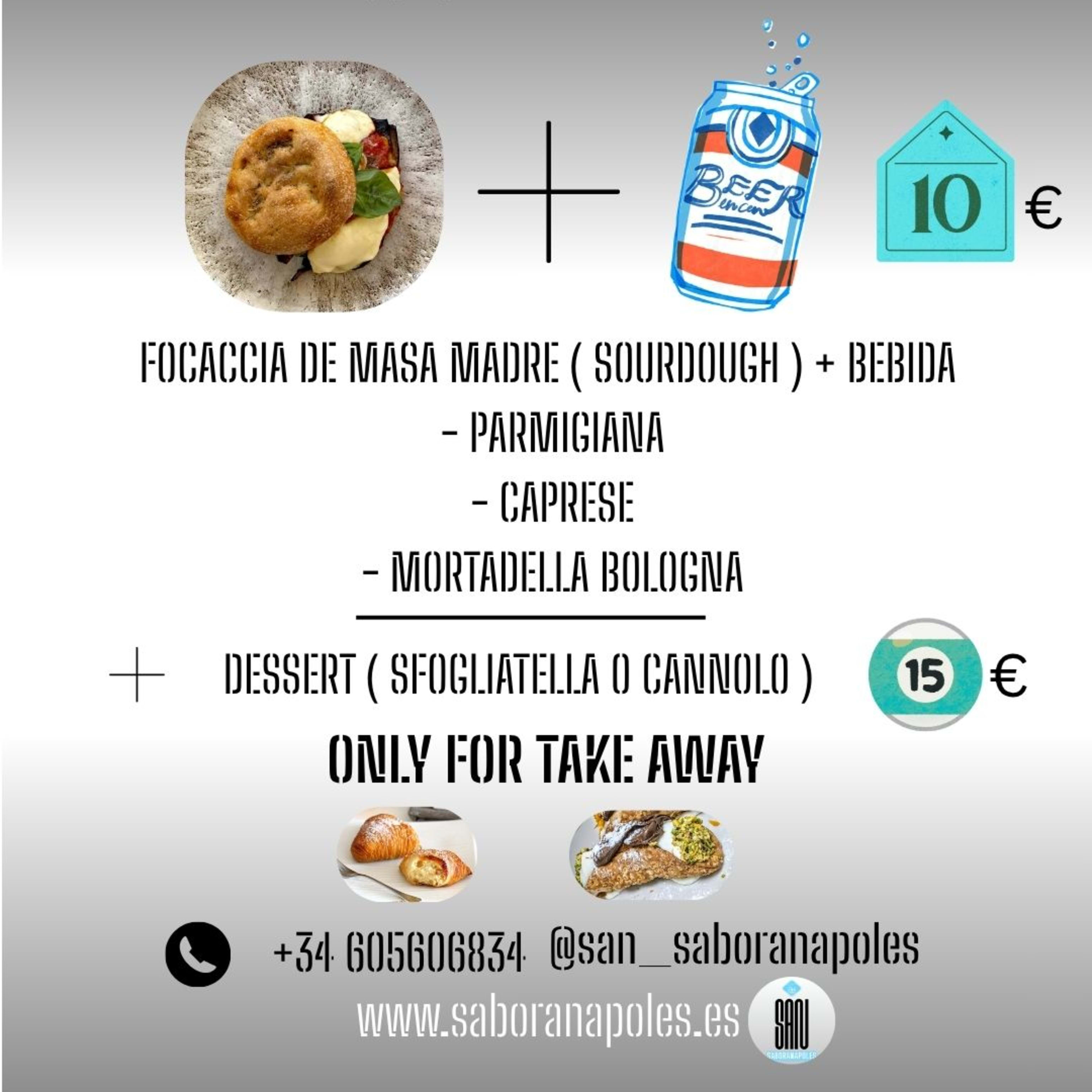OFERTA FOCACCIA+BEBIDA+POSTRE TAKE AWAY