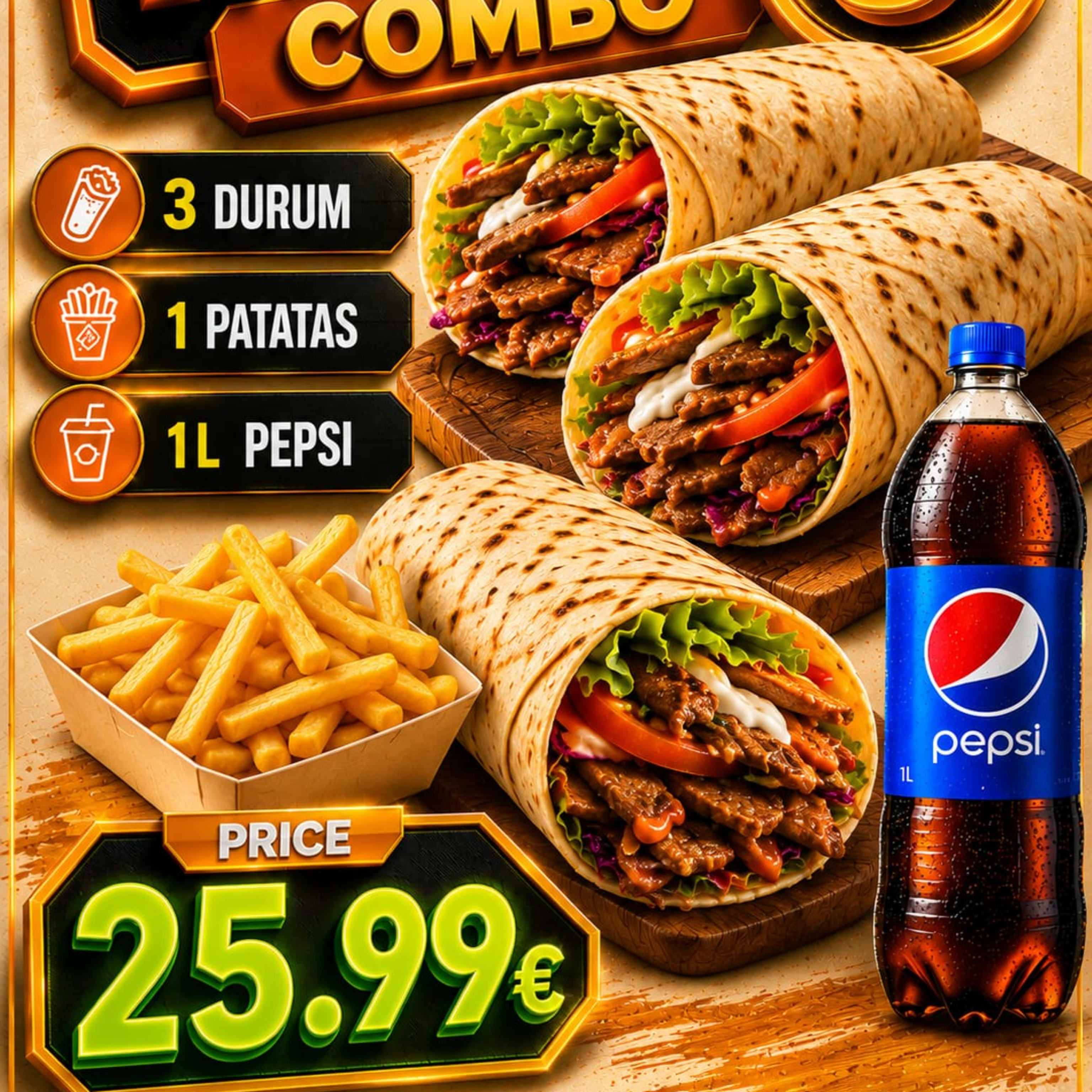 83-Menu Combo 5, 3 Durum Patatas + 1L Pepsi