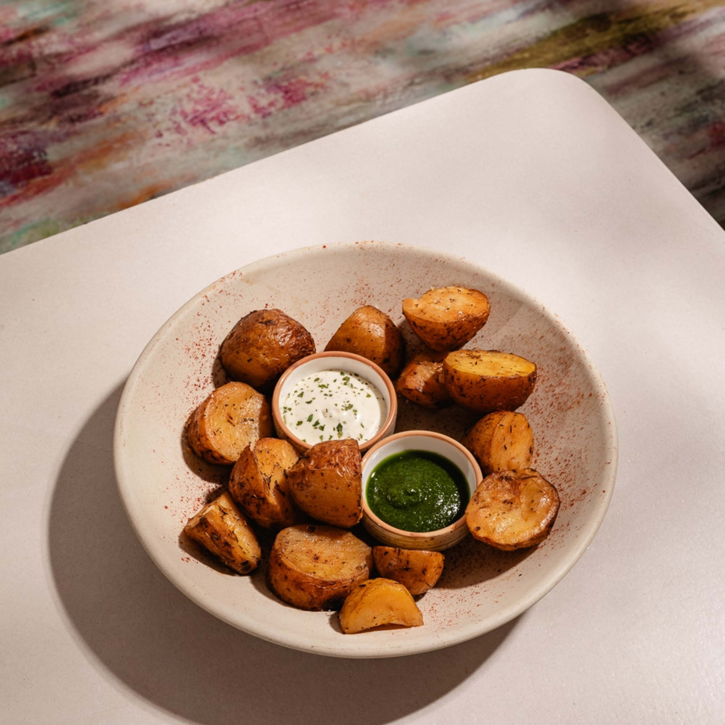 Patatas campestres con salsa de alioli de cítricos y pesto de pistachos