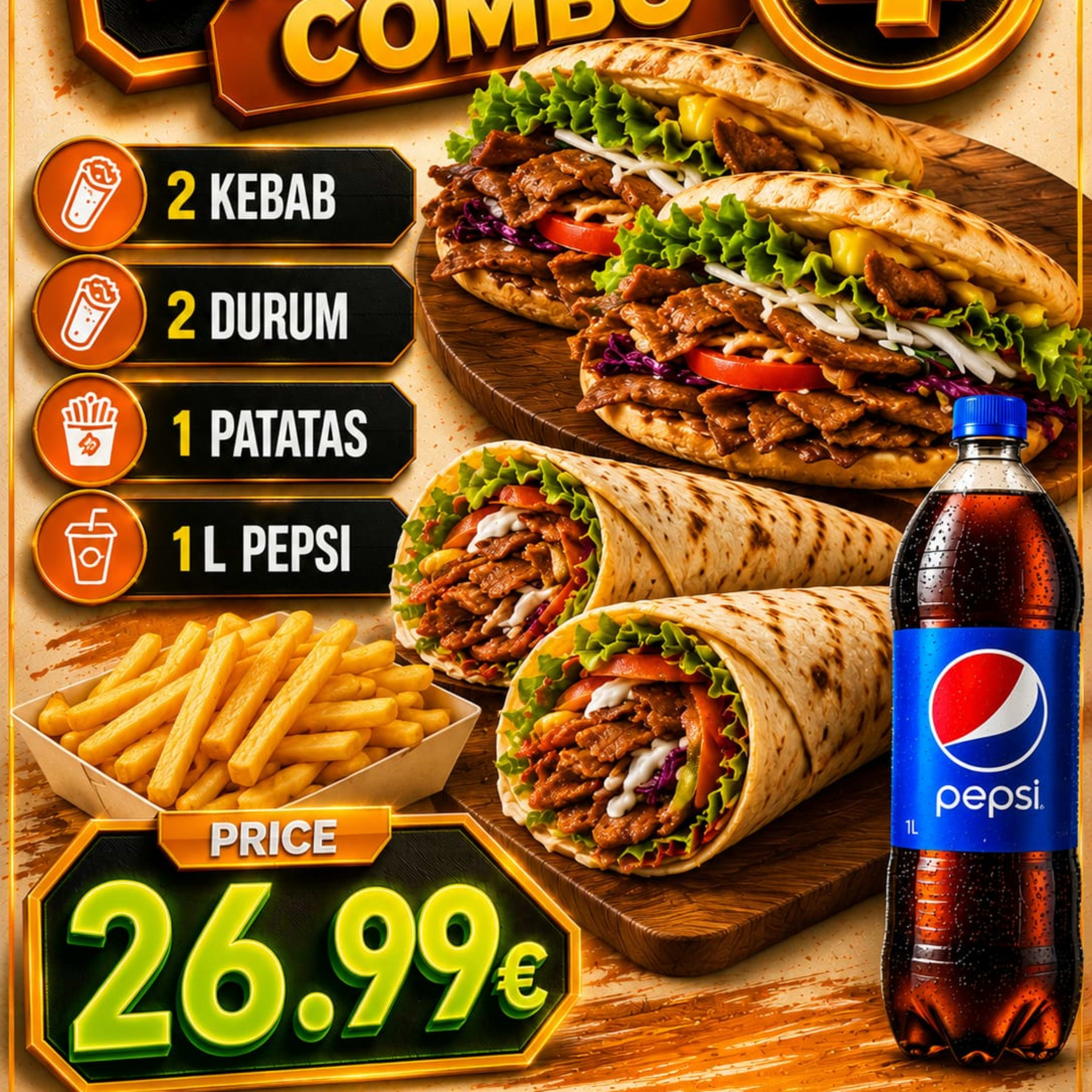 82-Menu Combo 4, 2 Kebab, 2 Durum, Patatas + 1L Pepsi
