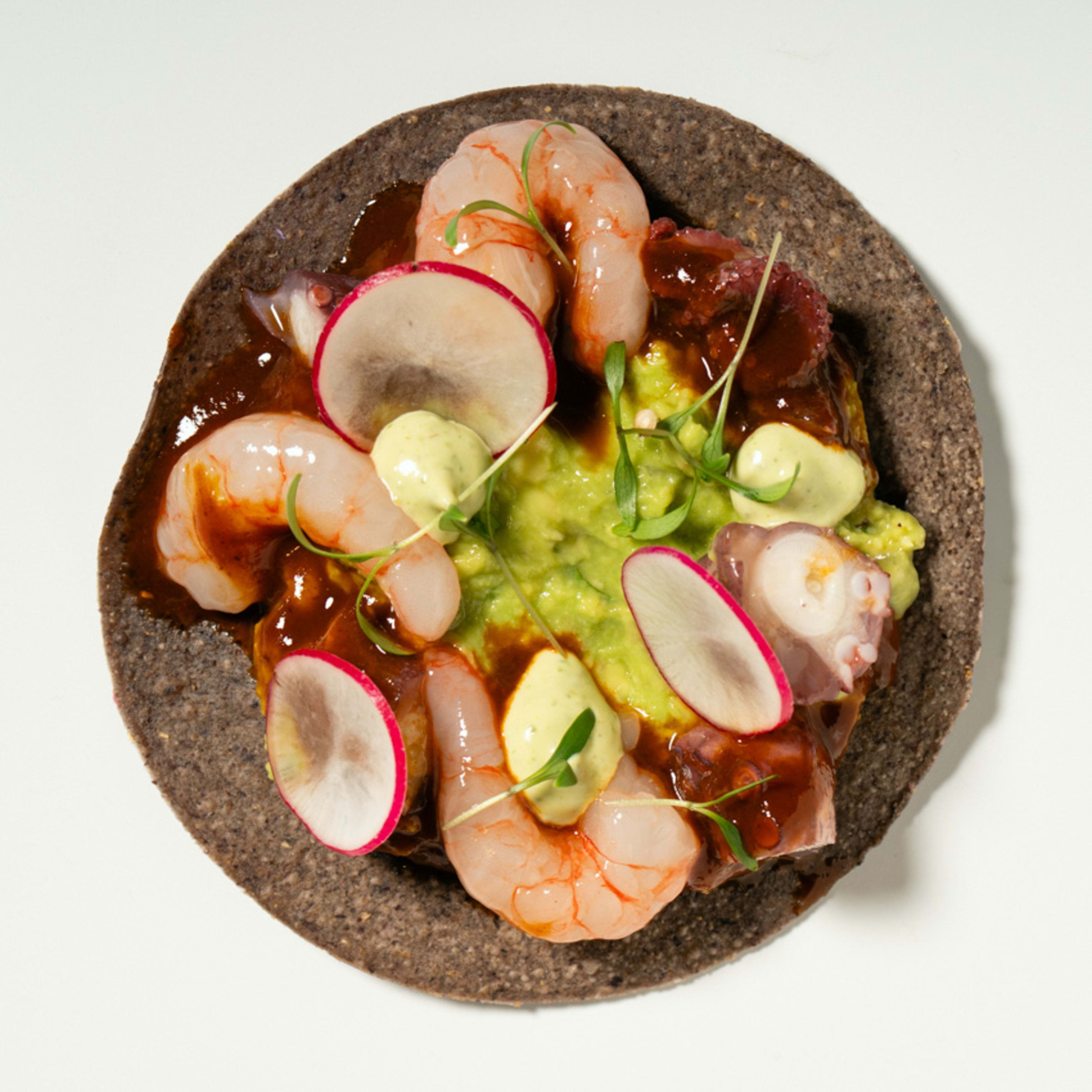 Tostada  de gamba roja y pulpo en aguachile negro, rábanos y aguacate