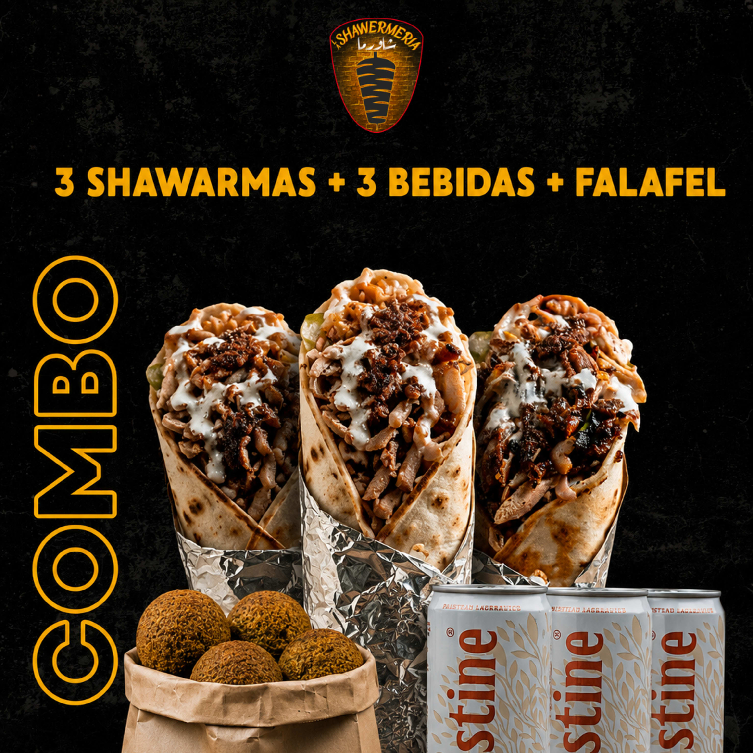 Menú 3 Shawarma + 1 Falafel Bolsa (5pzs) + 3 Bebida