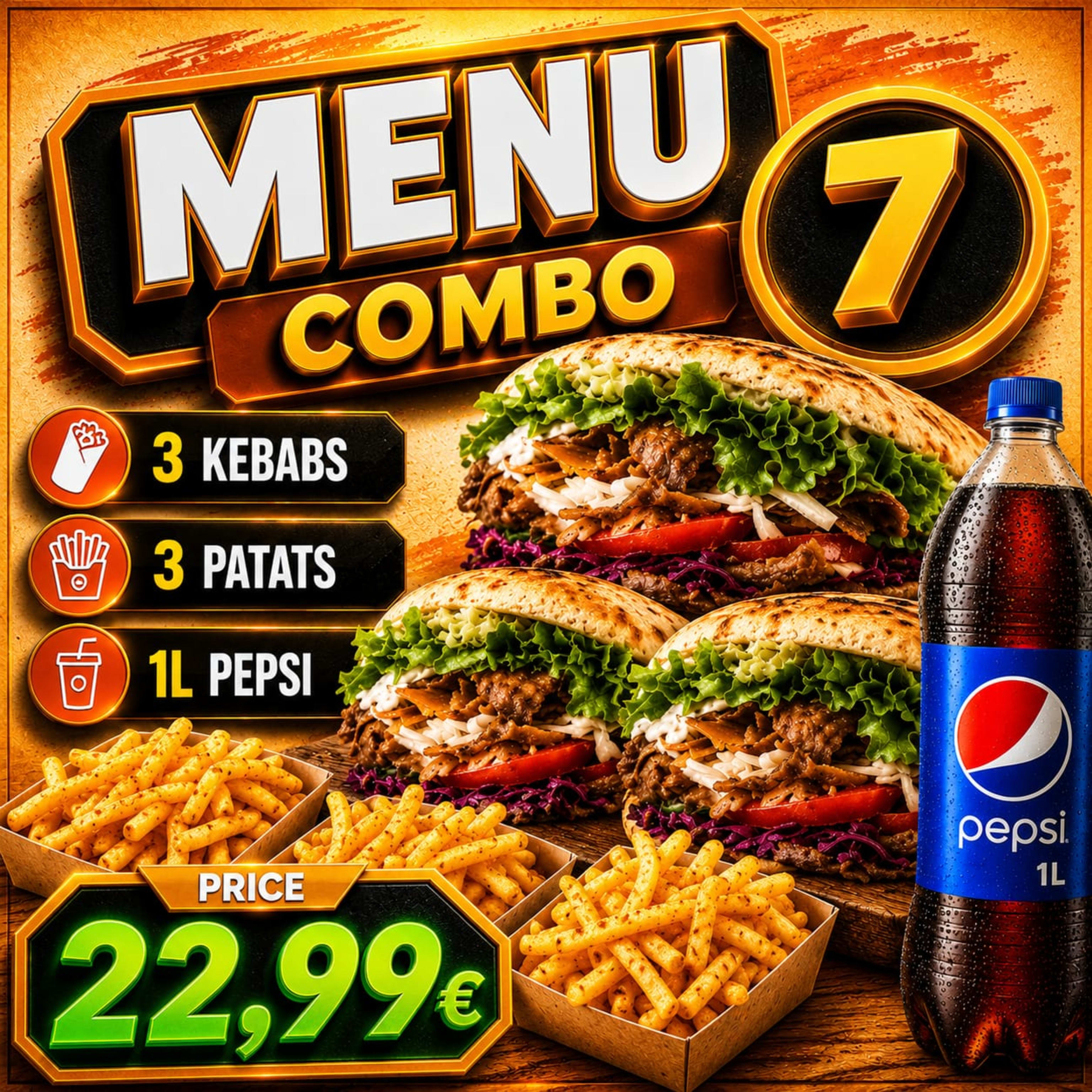 85- Menu Combo 7, 3 Kebab, Patats, 1L Pepsi