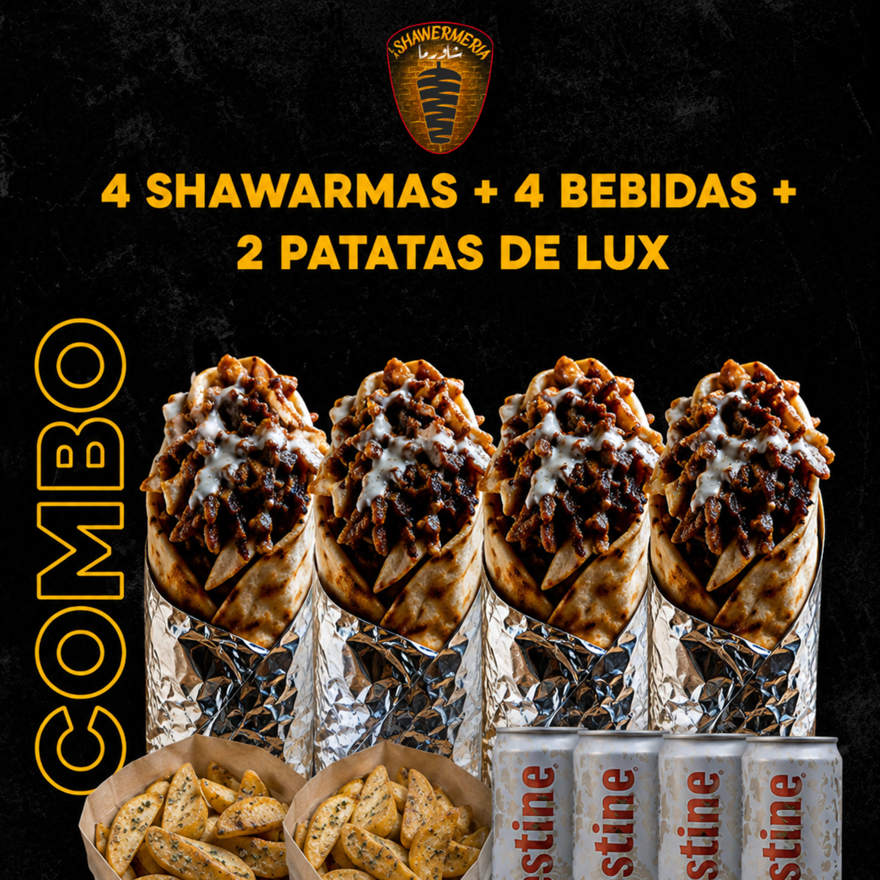 Menú 4 Shawarma + 2 Patatas Luxe + 4 Bebida