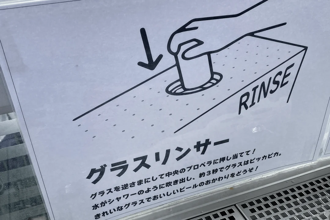 図のようにぐいっとグラスを押し込むと、下から水が噴き出しグラスを洗浄できる便利な機械
