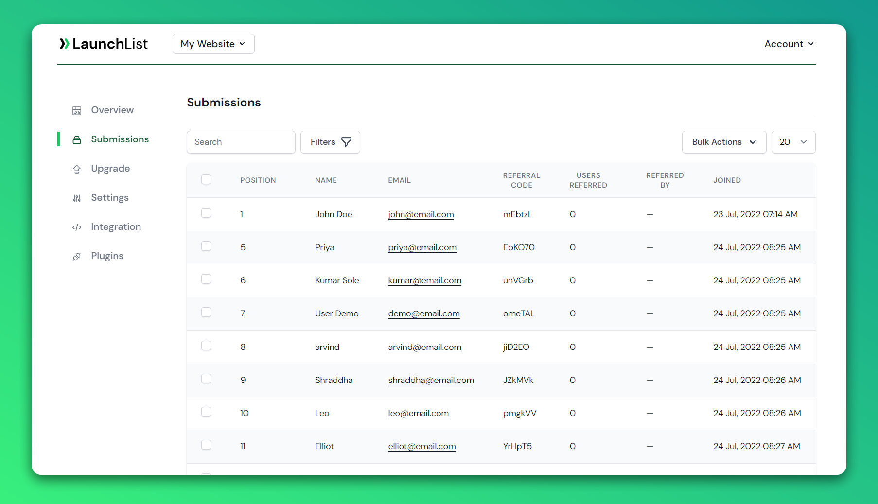 Submissions page