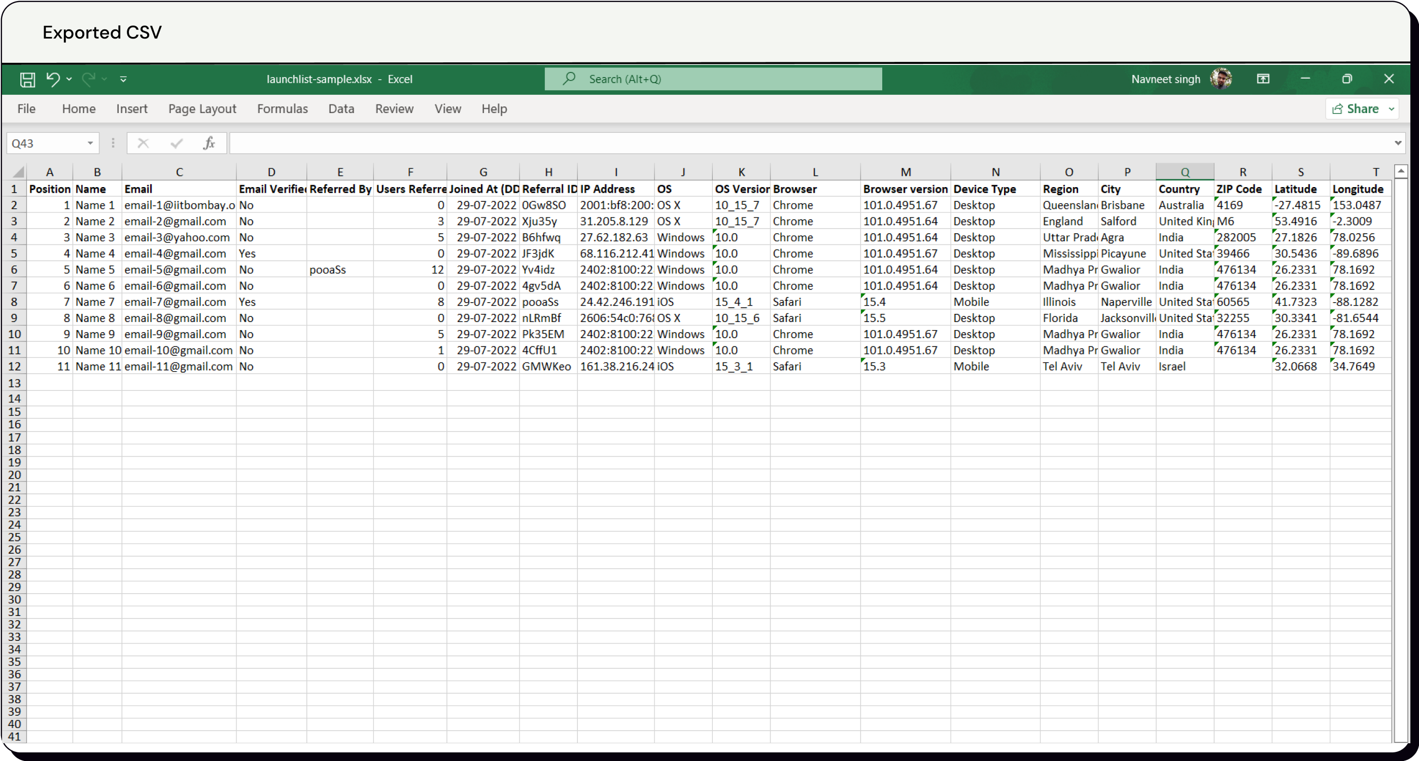 Exported CSV sheet