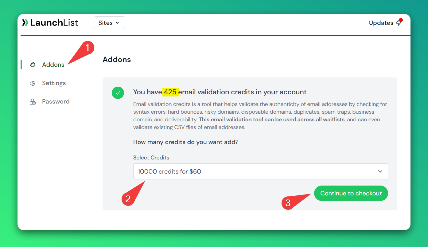 Buy email validation credits