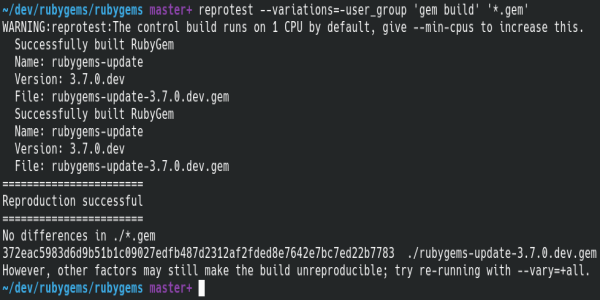 *Building RubyGems itself is trivially reproducible now without needing to specify SOURCE_DATE_EPOCH*