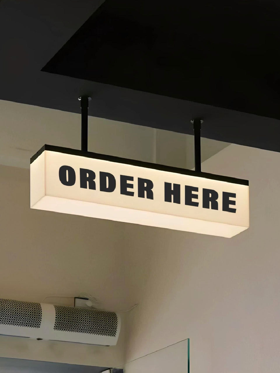 Mẫu hộp đèn mica chữ Order Here phát sáng hai mặt