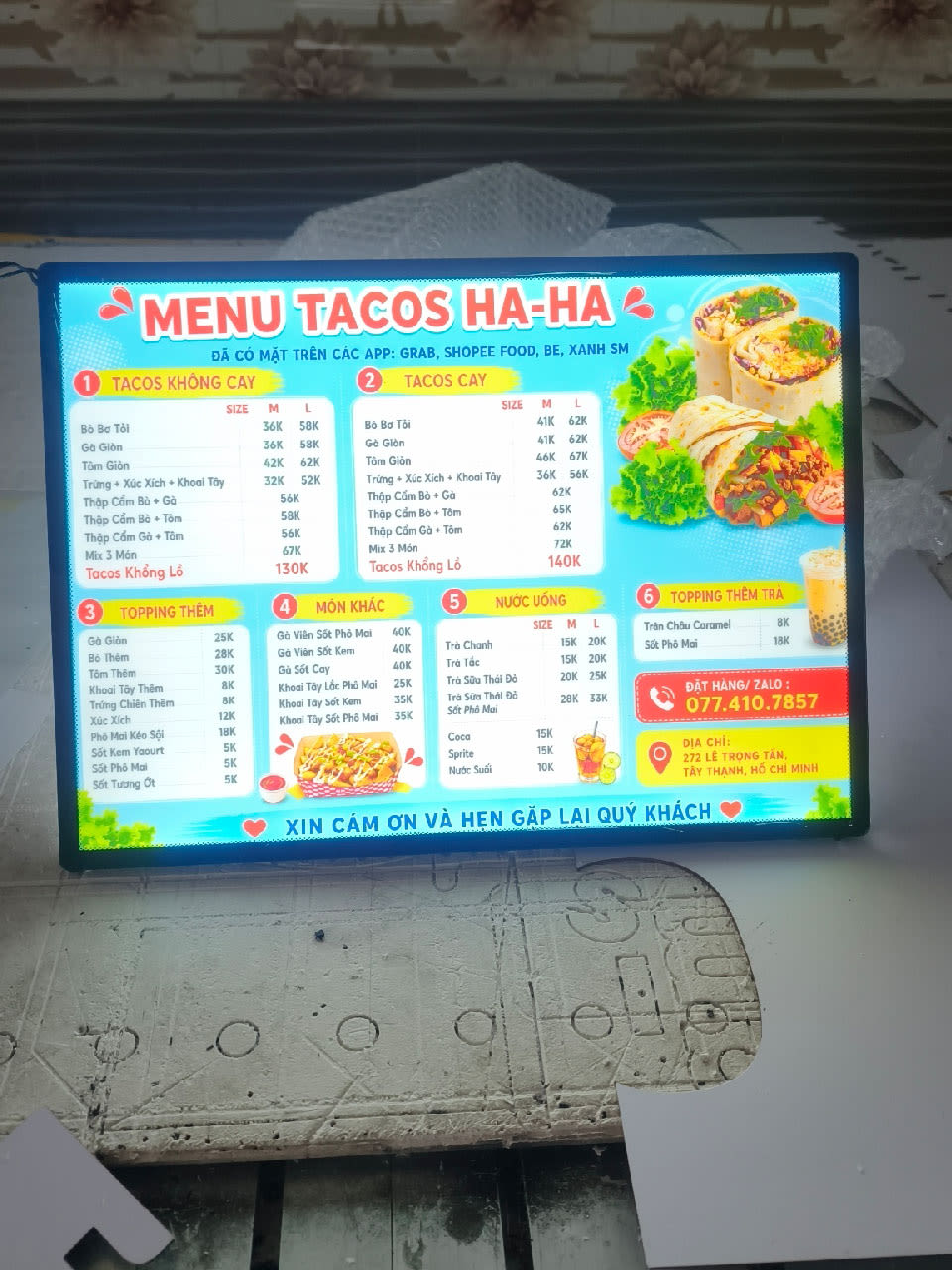 Mẫu bảng menu LED để bàn A4 khung nhôm đẹp